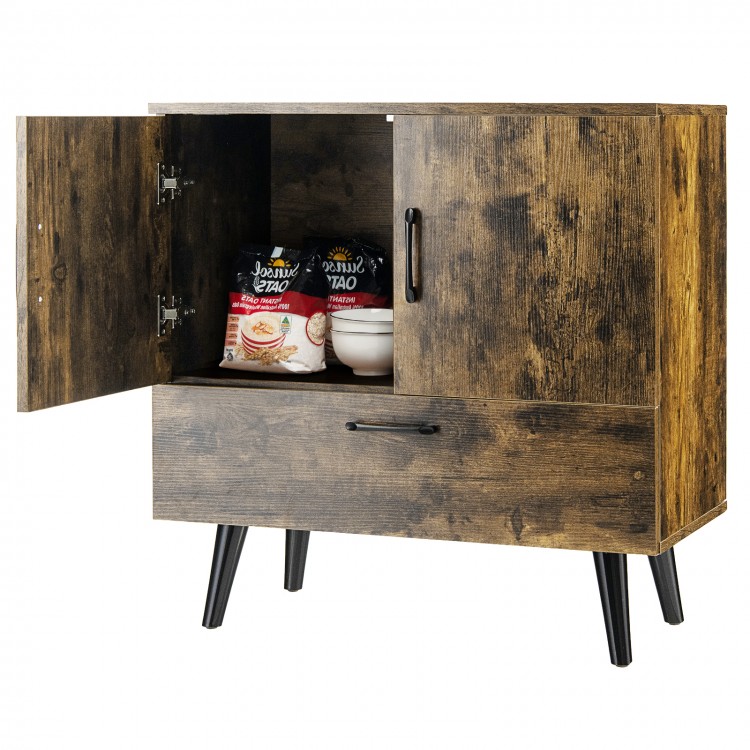 Mid-century storage cabinet in rustic brown with 2 doors and 1 pull-out drawer, ideal for living room or dining room.